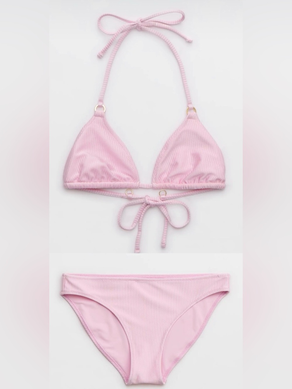 NWT Aerie FULL SET Shine Rib String Triangle + Full Coverage Bottom Light Pink